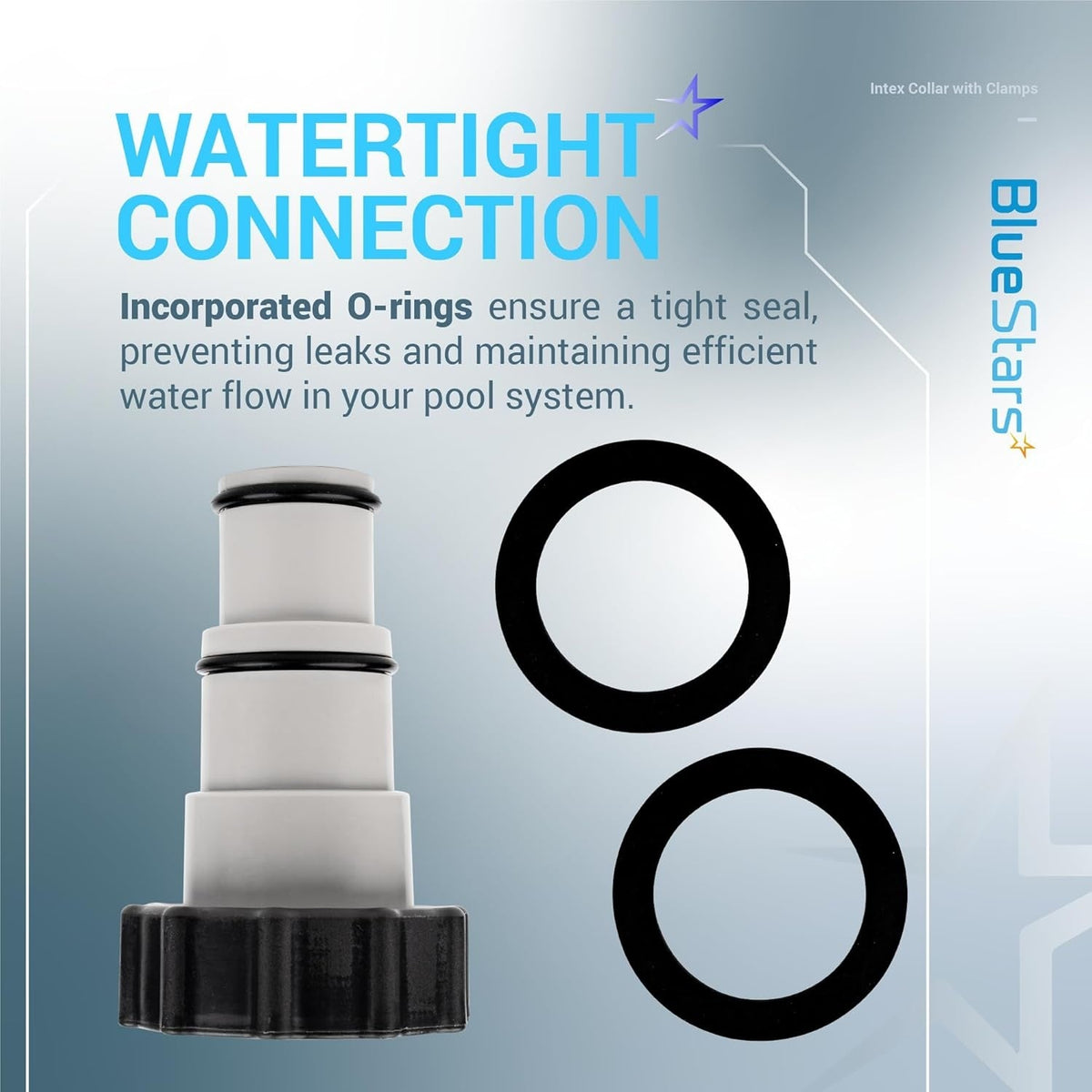 Pool hose adapter for Intex filter pumps with O-ring seals for a watertight connection.
