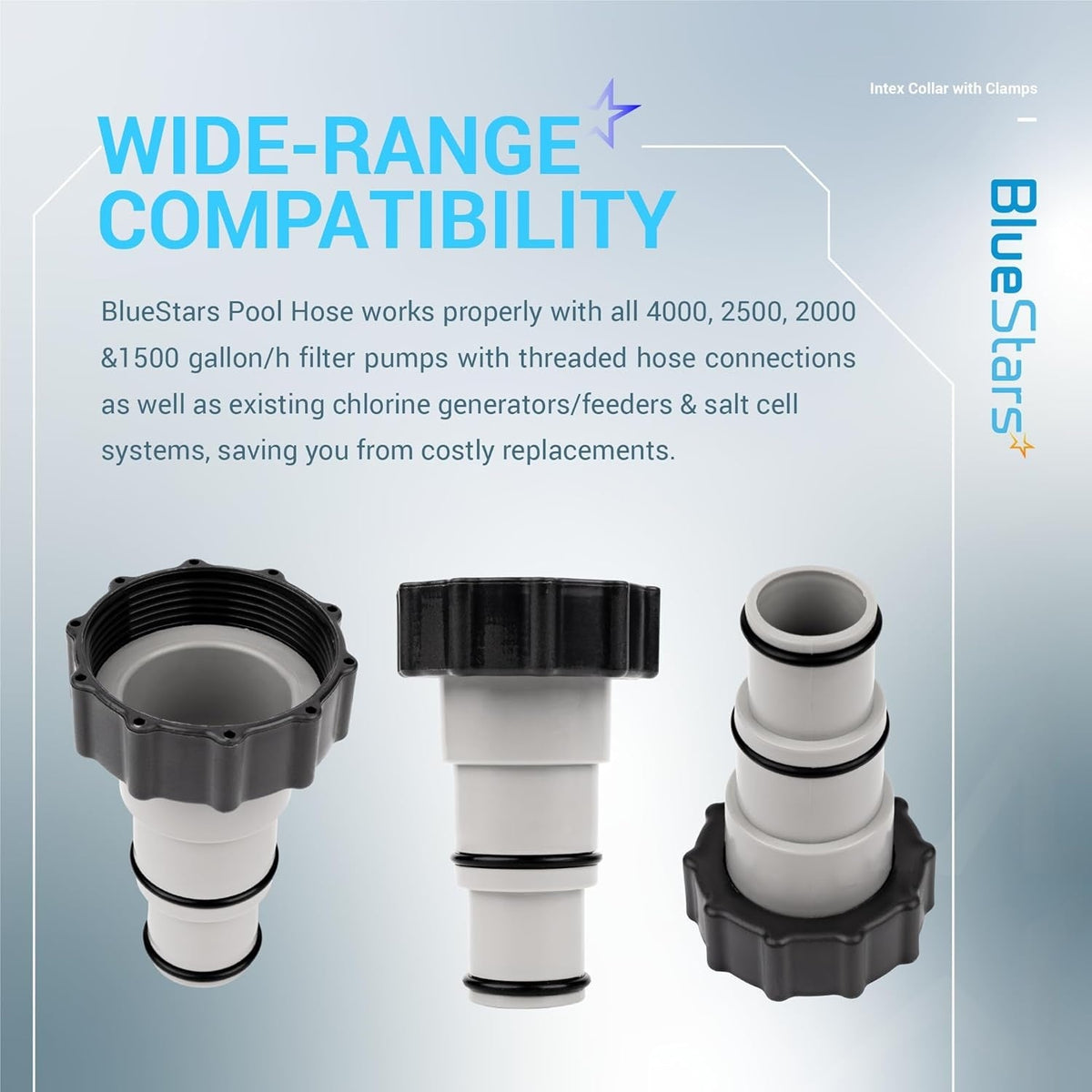Three universal pool hose adapters for Intex filter pumps shown from different angles.