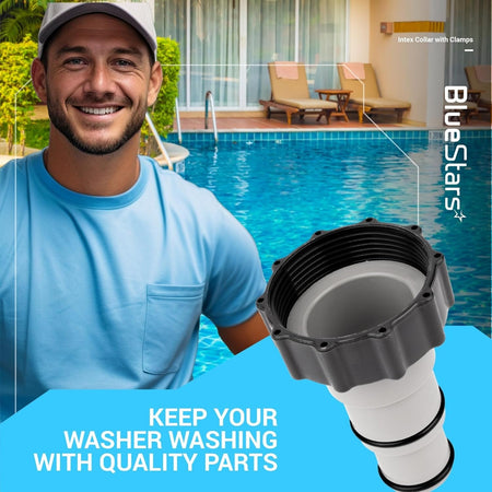 Close-up of a single universal pool hose adapter for Intex filter pumps with a black threaded collar.