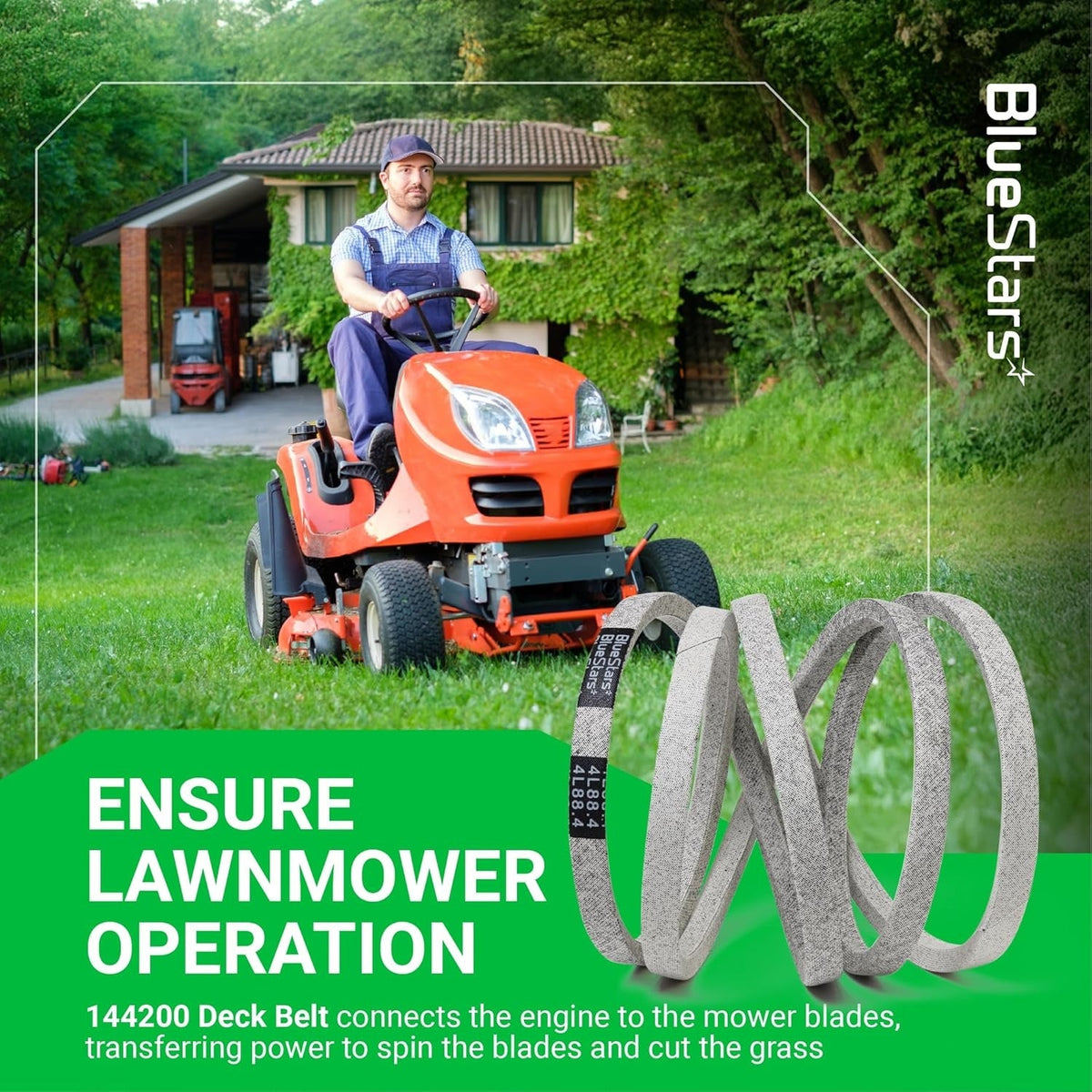 144200 mower deck belt for AYP, Craftsman, and Husqvarna lawn tractors shown with a riding mower in a yard.