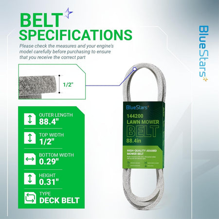 144200 mower deck belt specifications chart showing dimensions and product details for Craftsman and Husqvarna mowers.