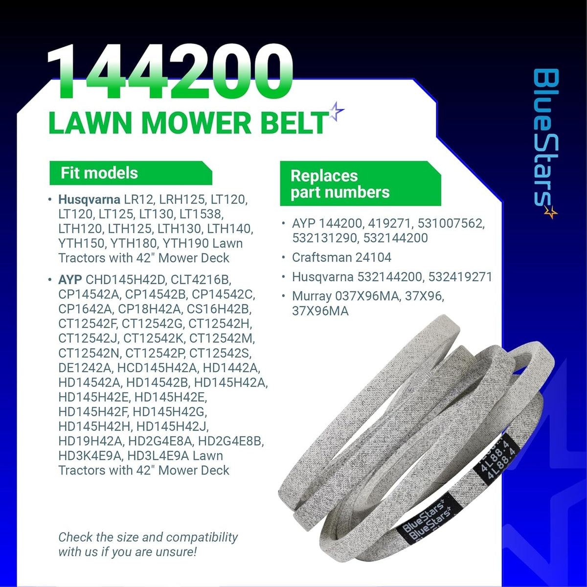 Infographic showing 144200 mower deck belt compatibility and replacement part numbers for Husqvarna and Craftsman tractors.