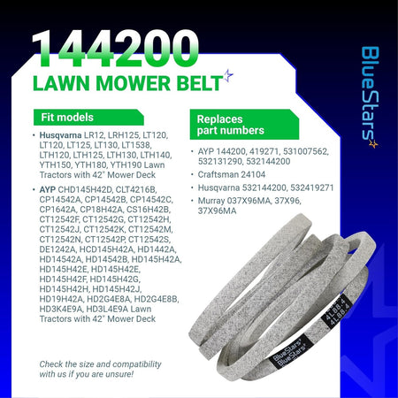 Infographic showing 144200 mower deck belt compatibility and replacement part numbers for Husqvarna and Craftsman tractors.