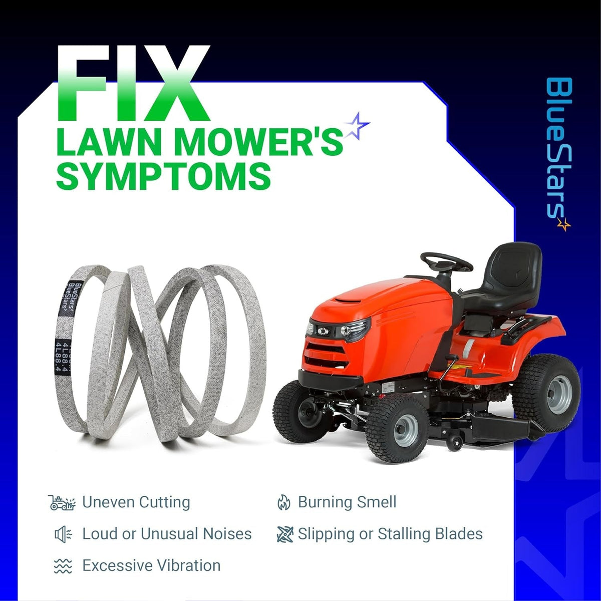 144200 mower deck belt replacement infographic showing symptoms of a worn belt for AYP, Craftsman, and Husqvarna mowers.