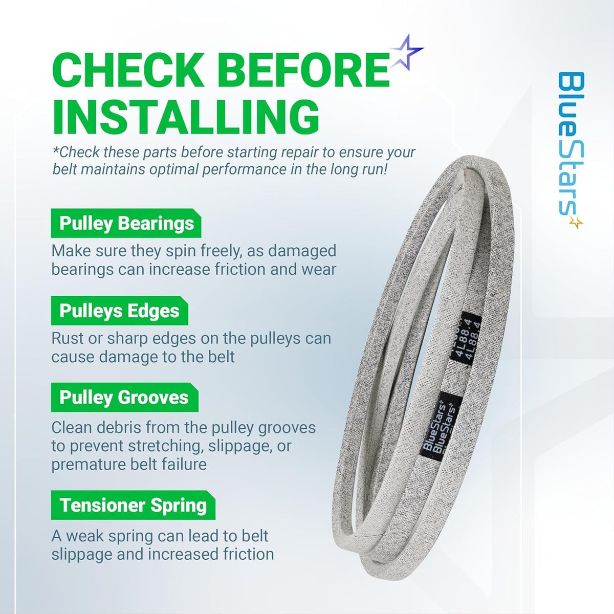 Installation guide for 144200 mower deck belt showing maintenance tips for pulleys and tensioners.