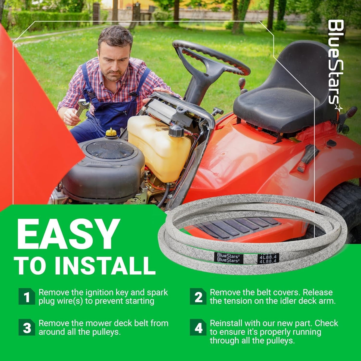 Installation guide for 144200 mower deck belt showing a technician working on a lawn tractor.