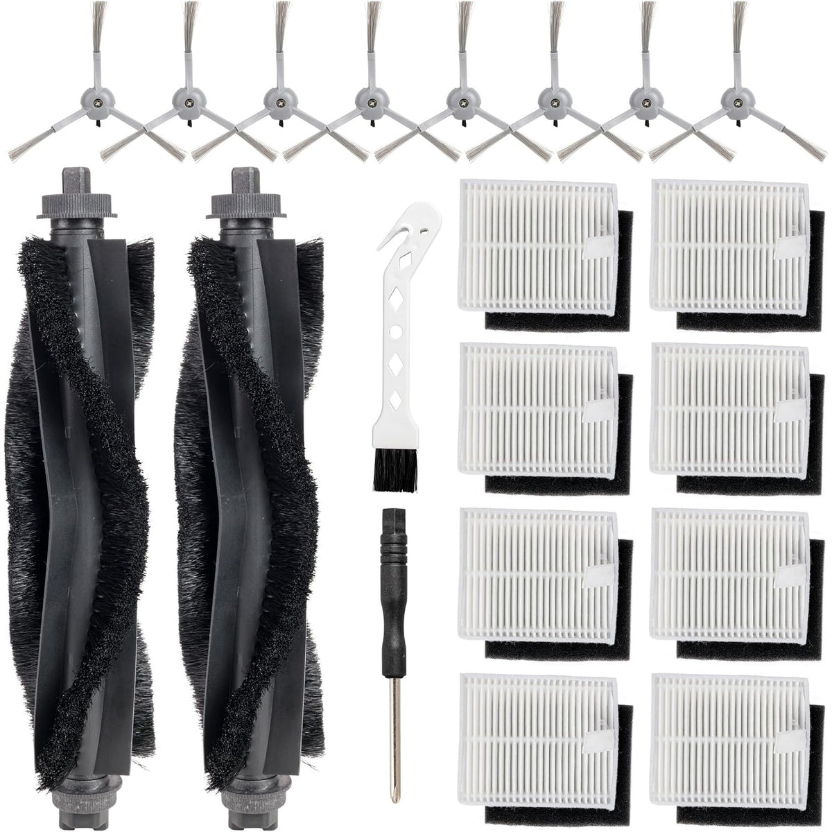 20-Pack Replacement Parts Kit for eufy L50 L60 Robot Vacuums shows 8 side brushes, 2 rollers, 8 filters, brush and screwdrive