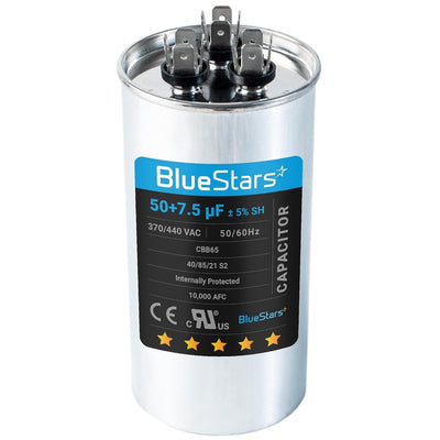 BlueStars 50+7.5 uF 370/440 VAC CBB65 dual run round capacitor for AC unit fan motor and condenser.