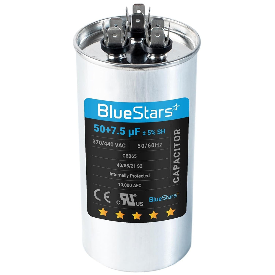 BlueStars 50+7.5 uF 370/440 VAC CBB65 dual run round capacitor for AC unit fan motor and condenser.