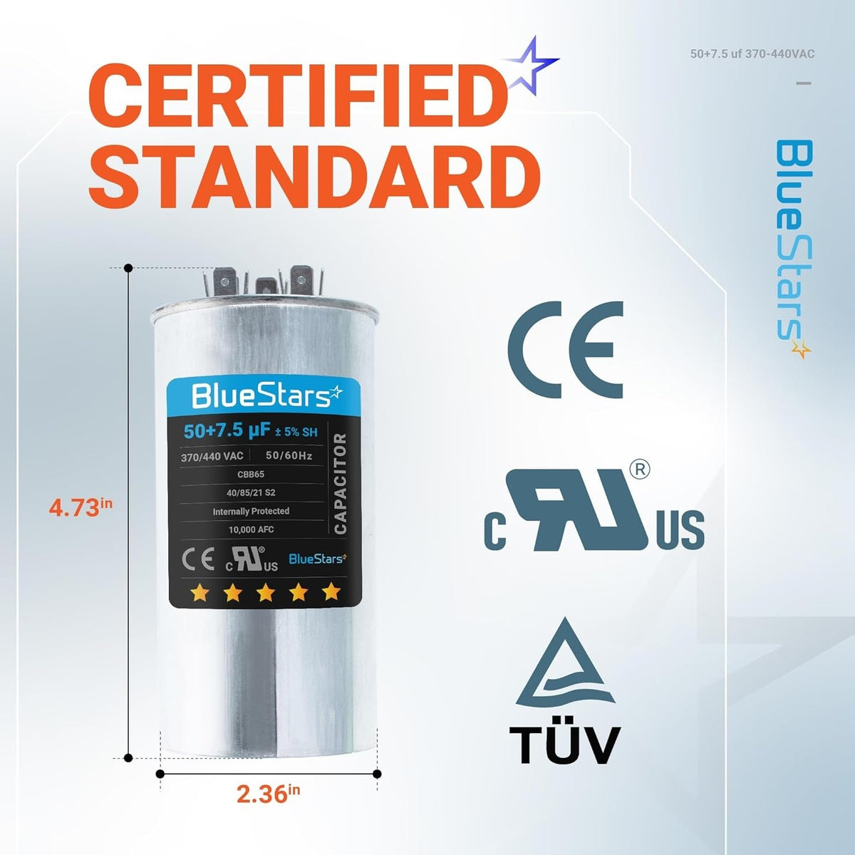 BlueStars 50+7.5 uF dual run round capacitor with dimensions and certification labels shown on infographic.