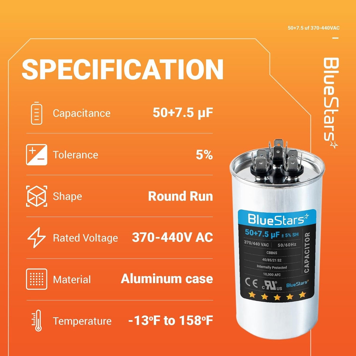 Specification chart for 50+7.5 uF 370/440 VAC dual run round capacitor with technical details.