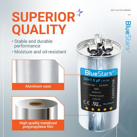 BlueStars 50+7.5 uF dual run round capacitor with aluminum case and metalized polypropylene film construction.