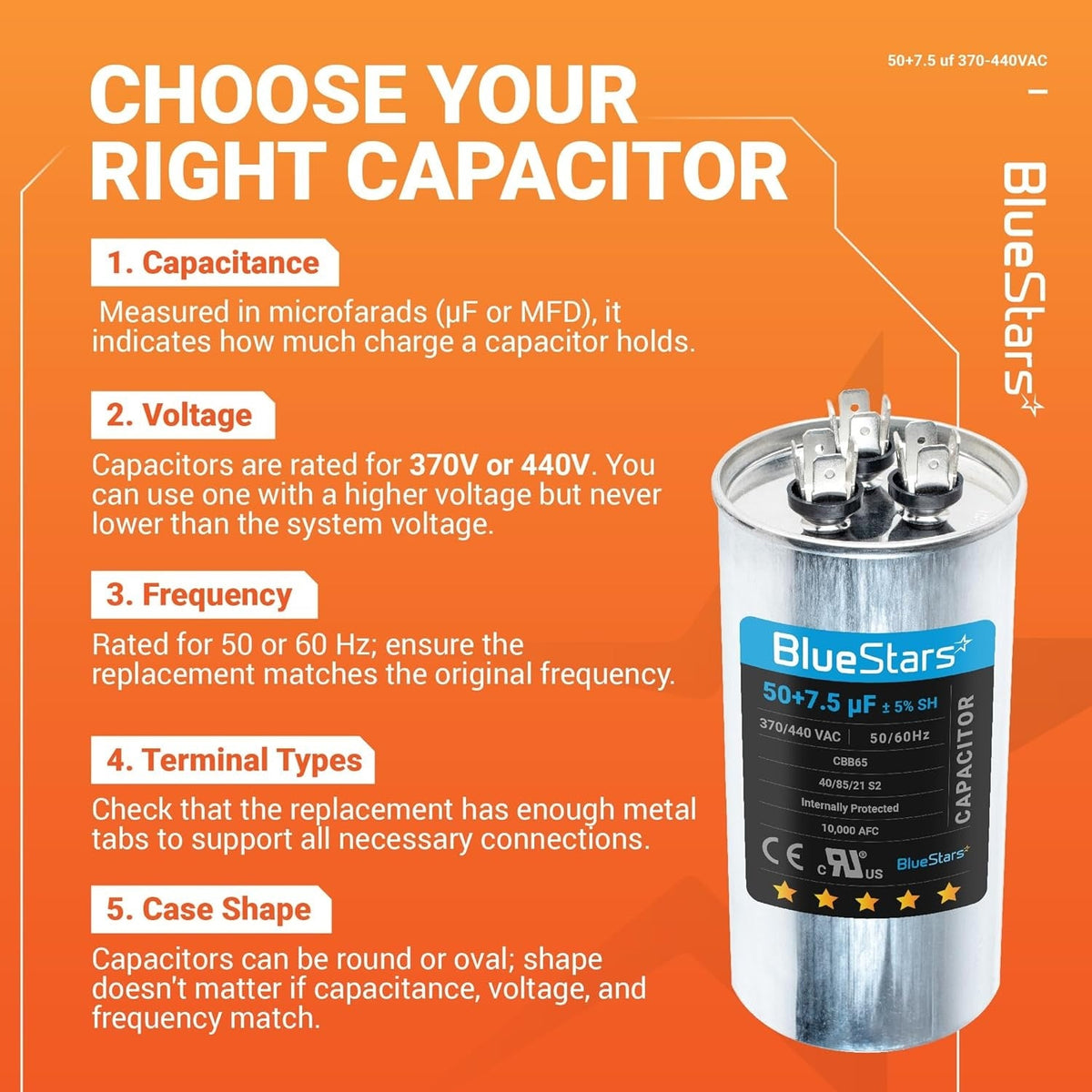 Educational infographic showing how to choose a 50+7.5 uF dual run round capacitor for AC units.
