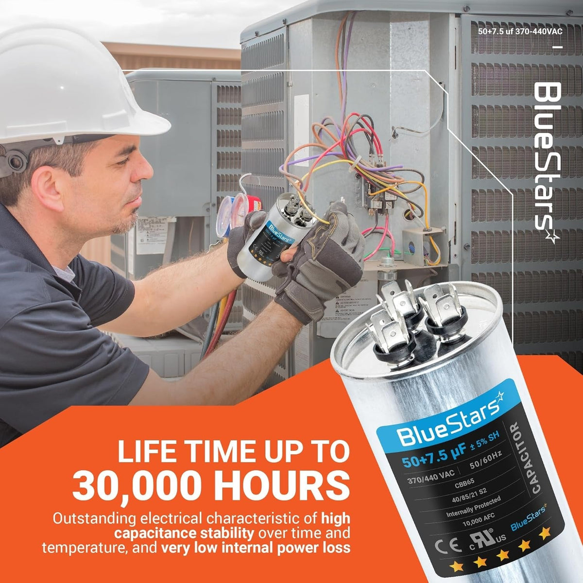 Technician installing a 50+7.5 uF dual run round capacitor in an AC unit condenser.