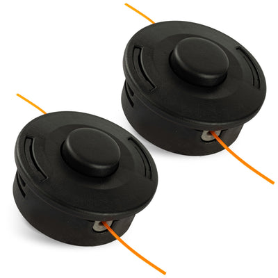 Set of two 25-2 trimmer heads for Stihl string trimmers with pre-installed orange cutting line.