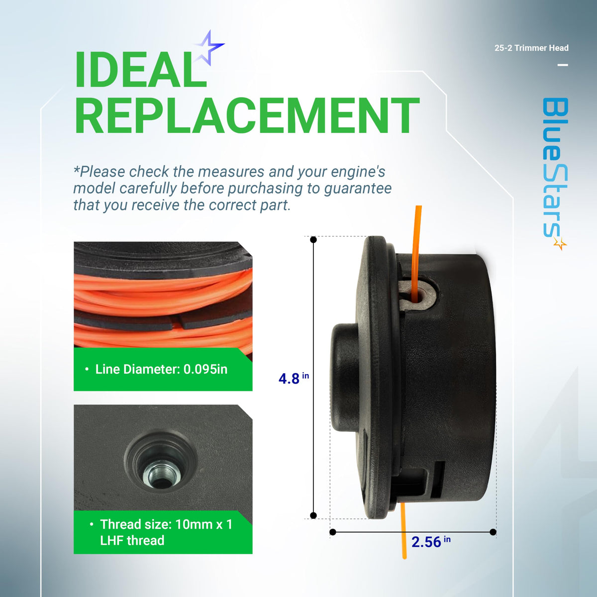 Infographic showing dimensions and specifications for 25-2 trimmer head compatible with Stihl string trimmers.