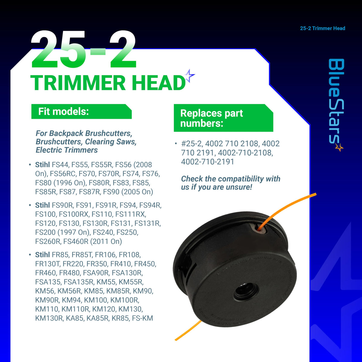25-2 Trimmer Head for Stihl brushcutters with compatibility and part number information chart.