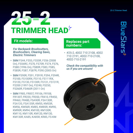 25-2 Trimmer Head for Stihl brushcutters with compatibility and part number information chart.