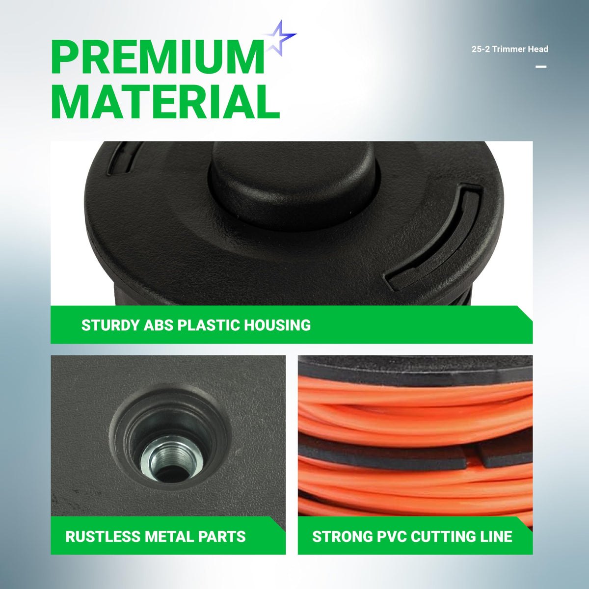 Close-up details of 25-2 trimmer head showing ABS plastic housing, metal mounting point, and orange PVC cutting line.
