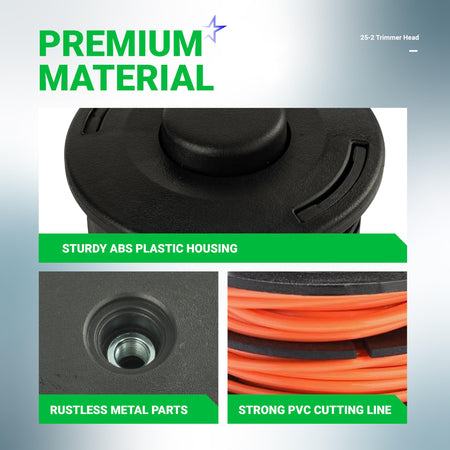 Close-up details of 25-2 trimmer head showing ABS plastic housing, metal mounting point, and orange PVC cutting line.