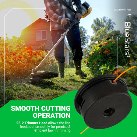 25-2 trimmer head replacement for Stihl string trimmers shown in a promotional graphic with a person using a trimmer.