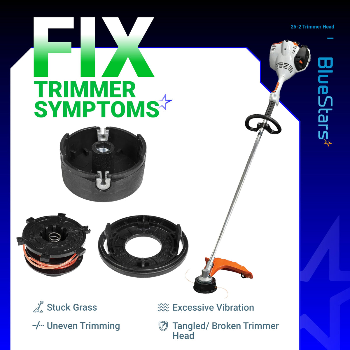 25-2 Trimmer Head components and assembled Stihl trimmer showing common repair symptoms.