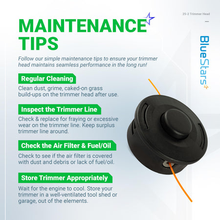 Infographic showing 25-2 trimmer head maintenance tips for Stihl compatible string trimmers.