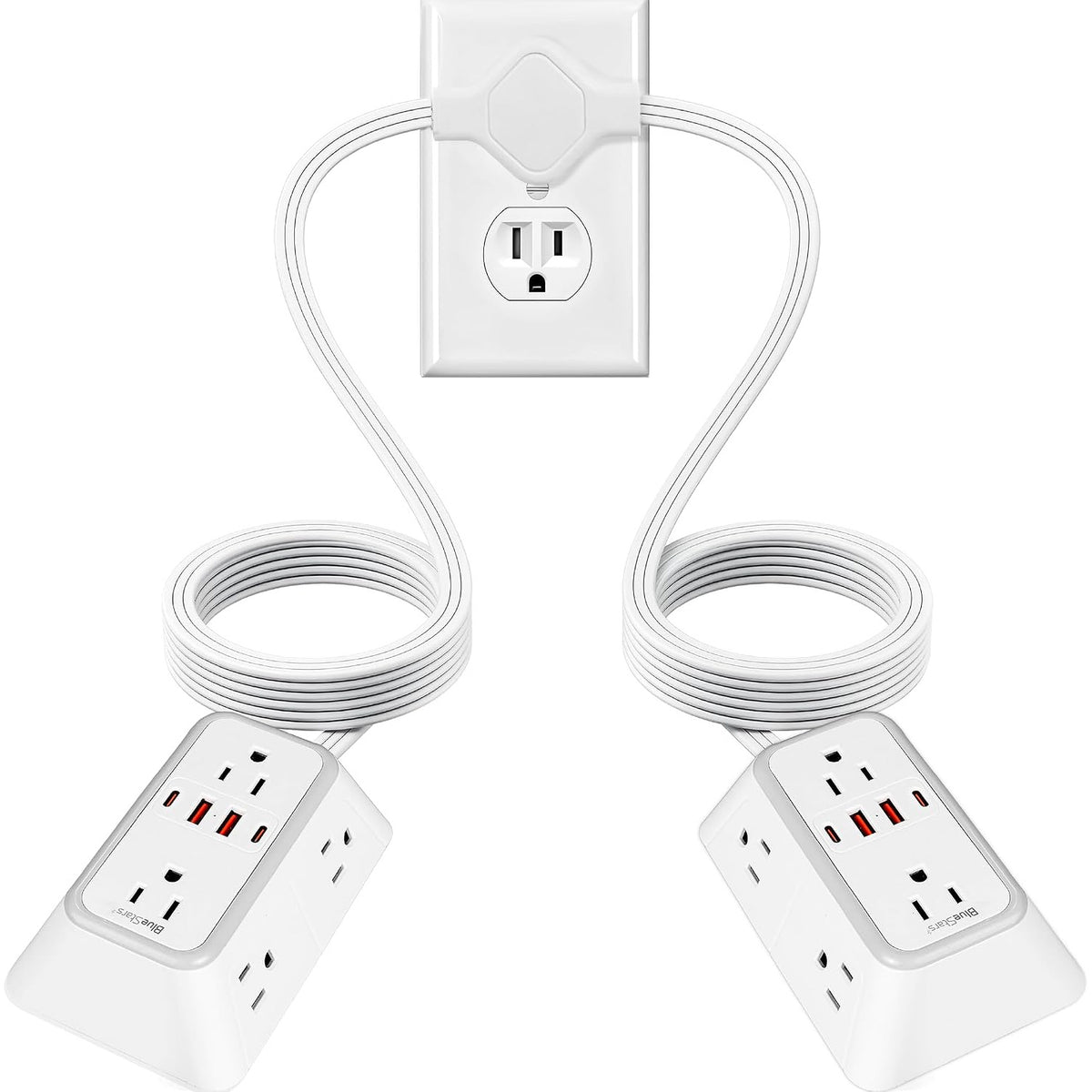 Twin Extension Cord Splitter 12 Ft, Dual 10-in-1 Power Strip shown connected to a wall outlet with two power strips