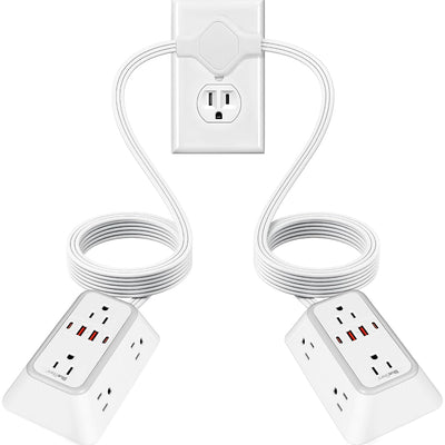 Twin Extension Cord Splitter 12 Ft, Dual 10-in-1 Power Strip shown connected to a wall outlet with two power strips