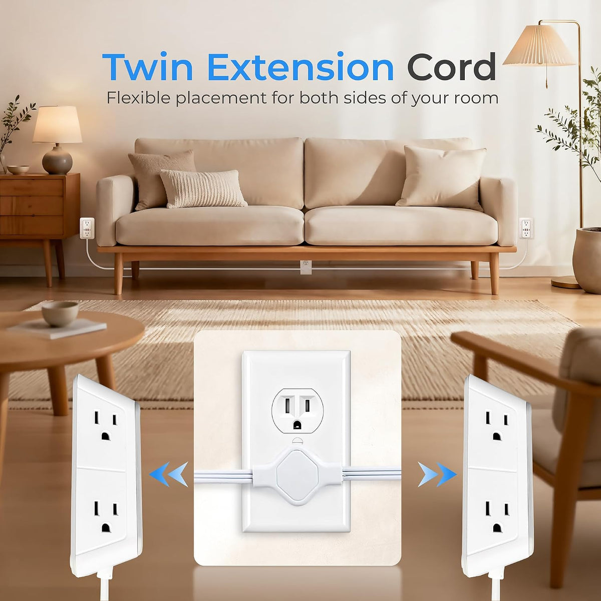 Twin Extension Cord Splitter 12 Ft, Dual 10-in-1 Power Strip shown on both sides of a sofa with outlet close-up