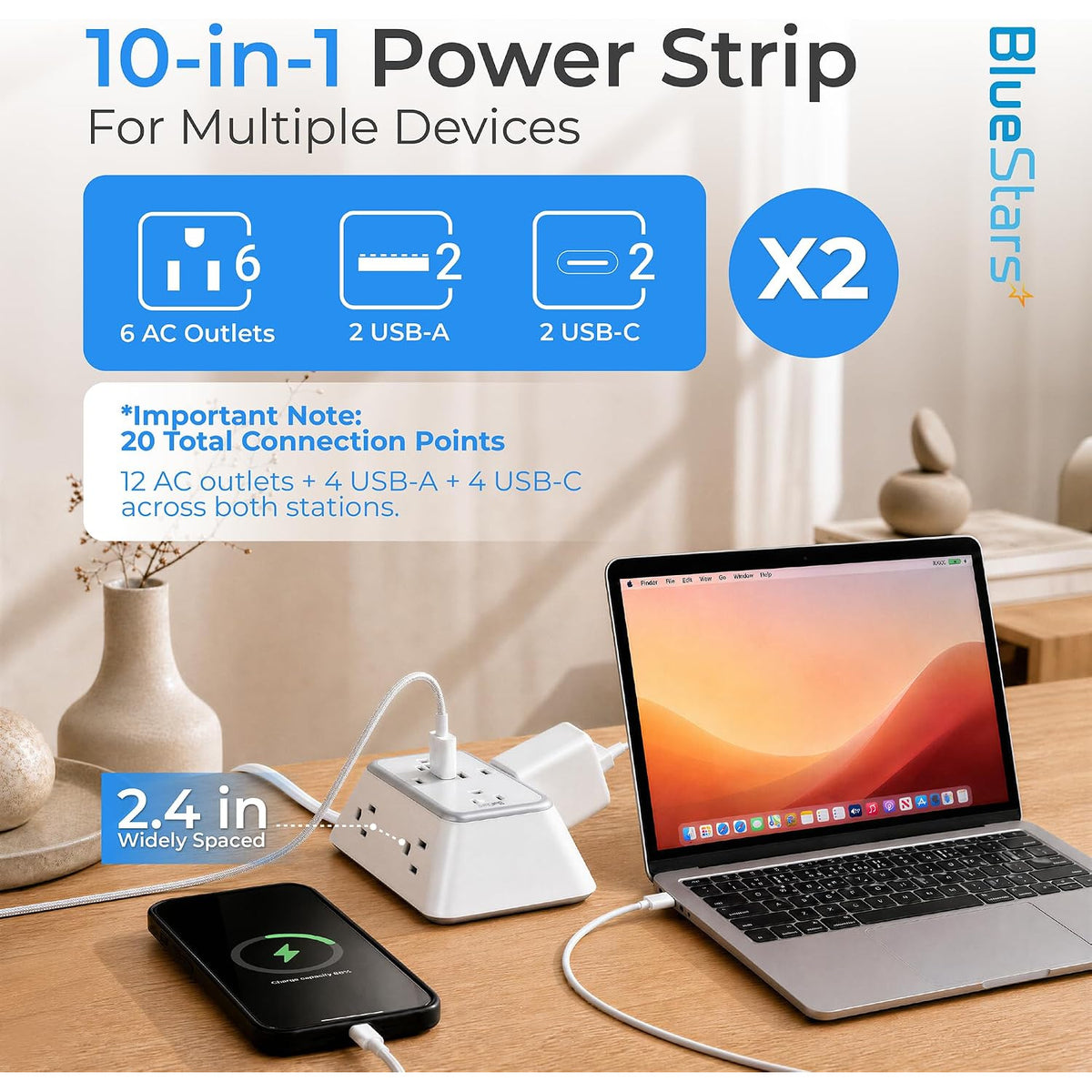 Twin Extension Cord Splitter 12 Ft, Dual 10-in-1 Power Strip shown with outlet details, 2.4-inch spacing, and connected devic