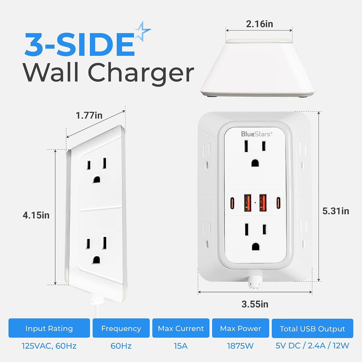 Twin Extension Cord Splitter 12 Ft, Dual 10-in-1 Power Strip, 3-sided wall charger dimensions and power ratings diagram