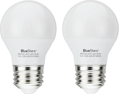 Two A15 4W E26 LED refrigerator light bulbs with white frosted glass and metal screw bases.