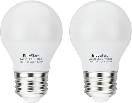 Two A15 4W E26 LED refrigerator light bulbs with white frosted glass and metal screw bases.