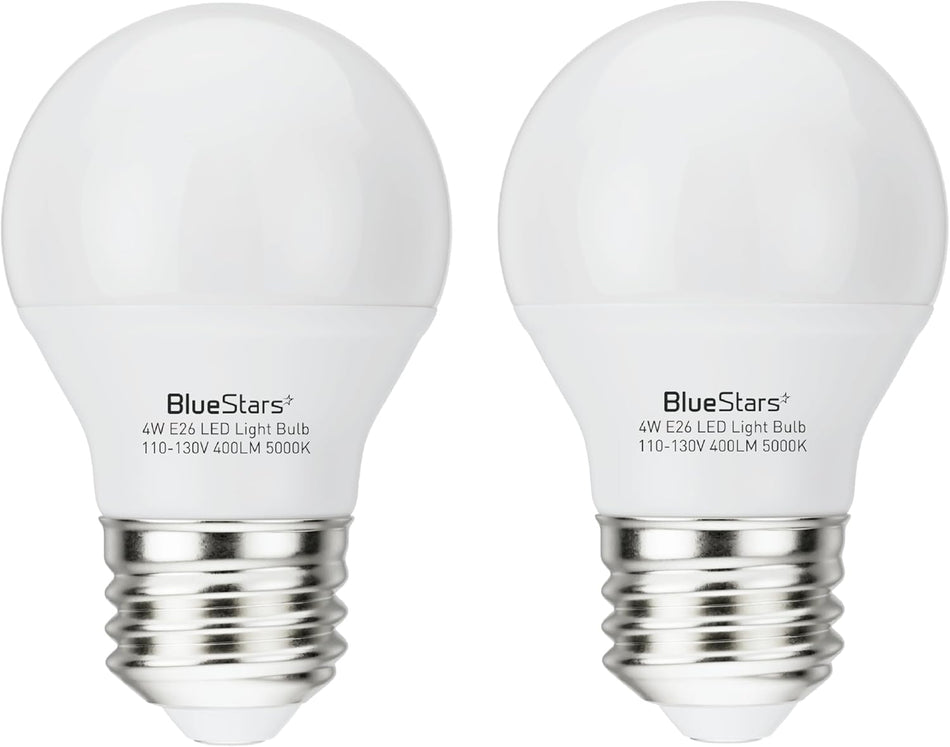 Two A15 4W E26 LED refrigerator light bulbs with white frosted glass and metal screw bases.