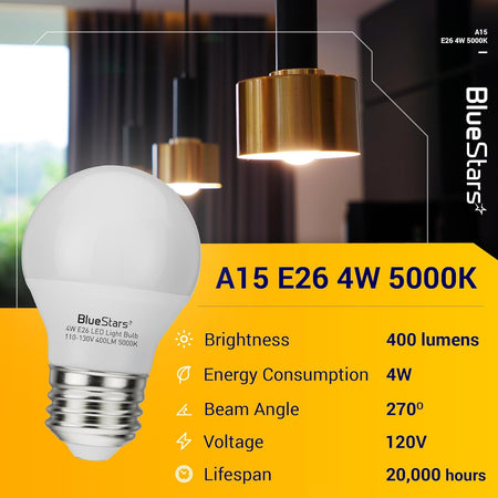 Single A15 LED refrigerator light bulb with E26 base and 4W power specifications displayed on an informational graphic.