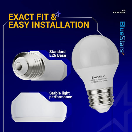 A15 LED refrigerator light bulb with standard E26 base showing installation features and stable light performance.