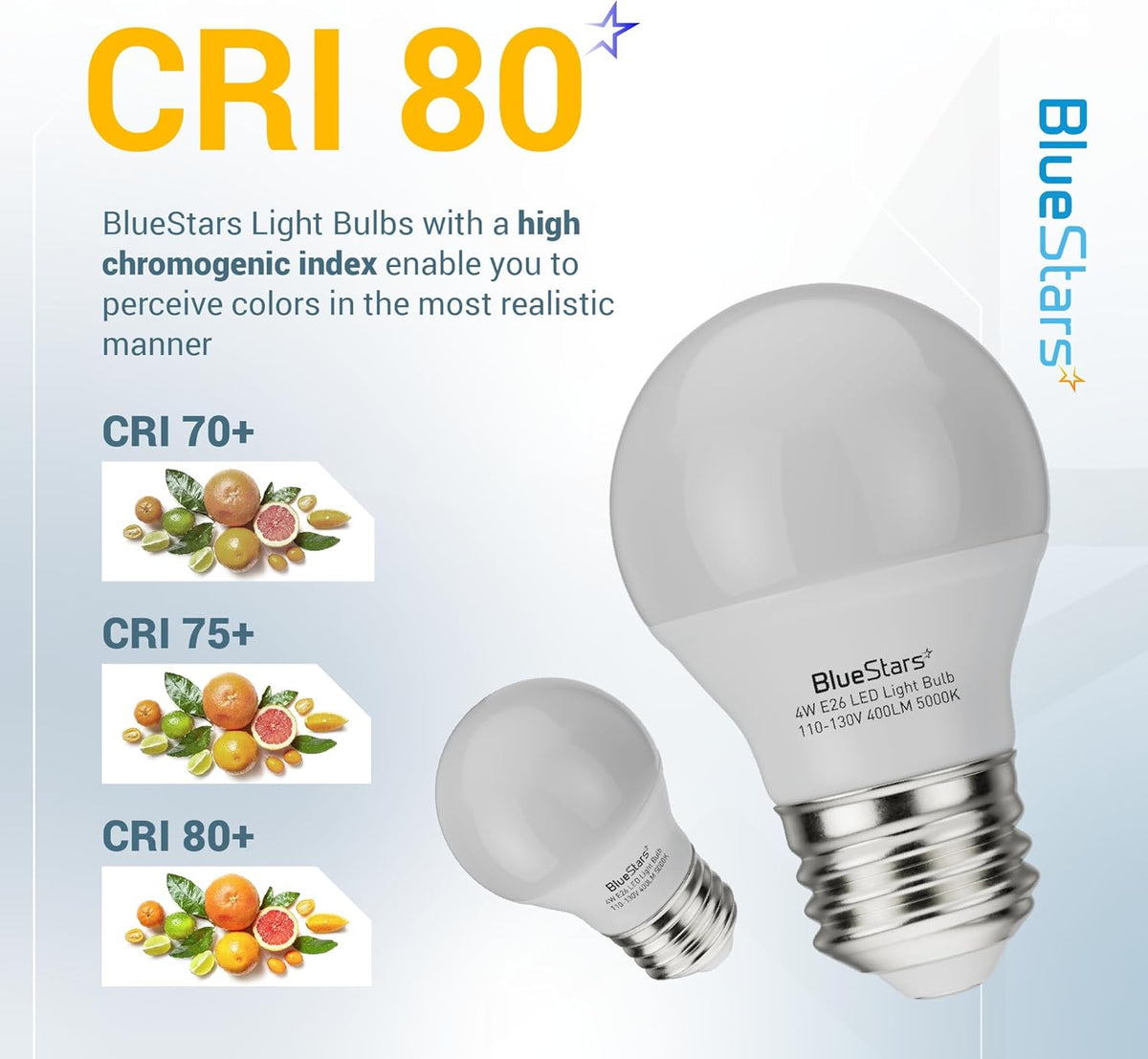 Two A15 LED refrigerator light bulbs with E26 base showing CRI 80 color rendering comparison chart.
