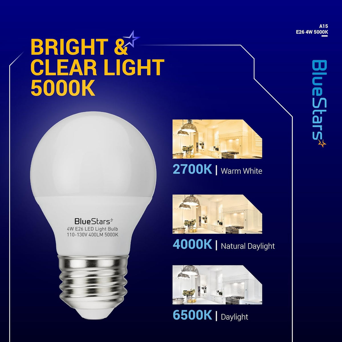 BlueStars A15 4W E26 LED refrigerator light bulb showing 5000K bright white light comparison chart.