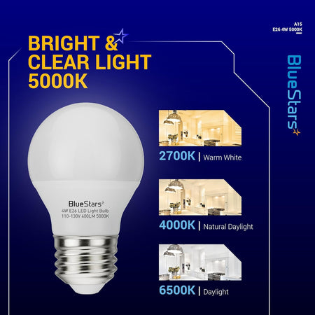 BlueStars A15 4W E26 LED refrigerator light bulb showing 5000K bright white light comparison chart.