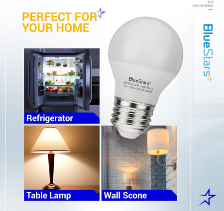 BlueStars A15 4W E26 LED light bulb shown with refrigerator, table lamp, and wall scone application examples.