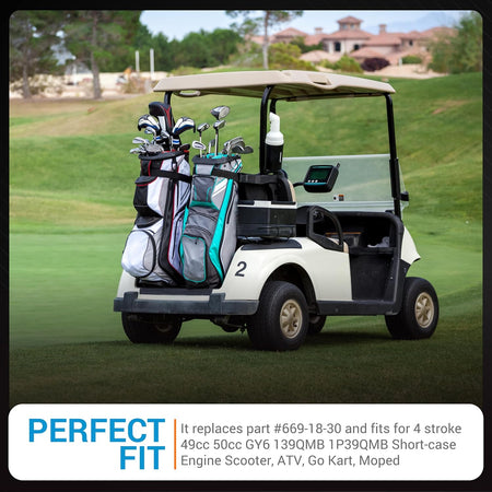 Golf cart on a course representing compatibility for 1016203 drive belt and 101916701 starter generator belt set.