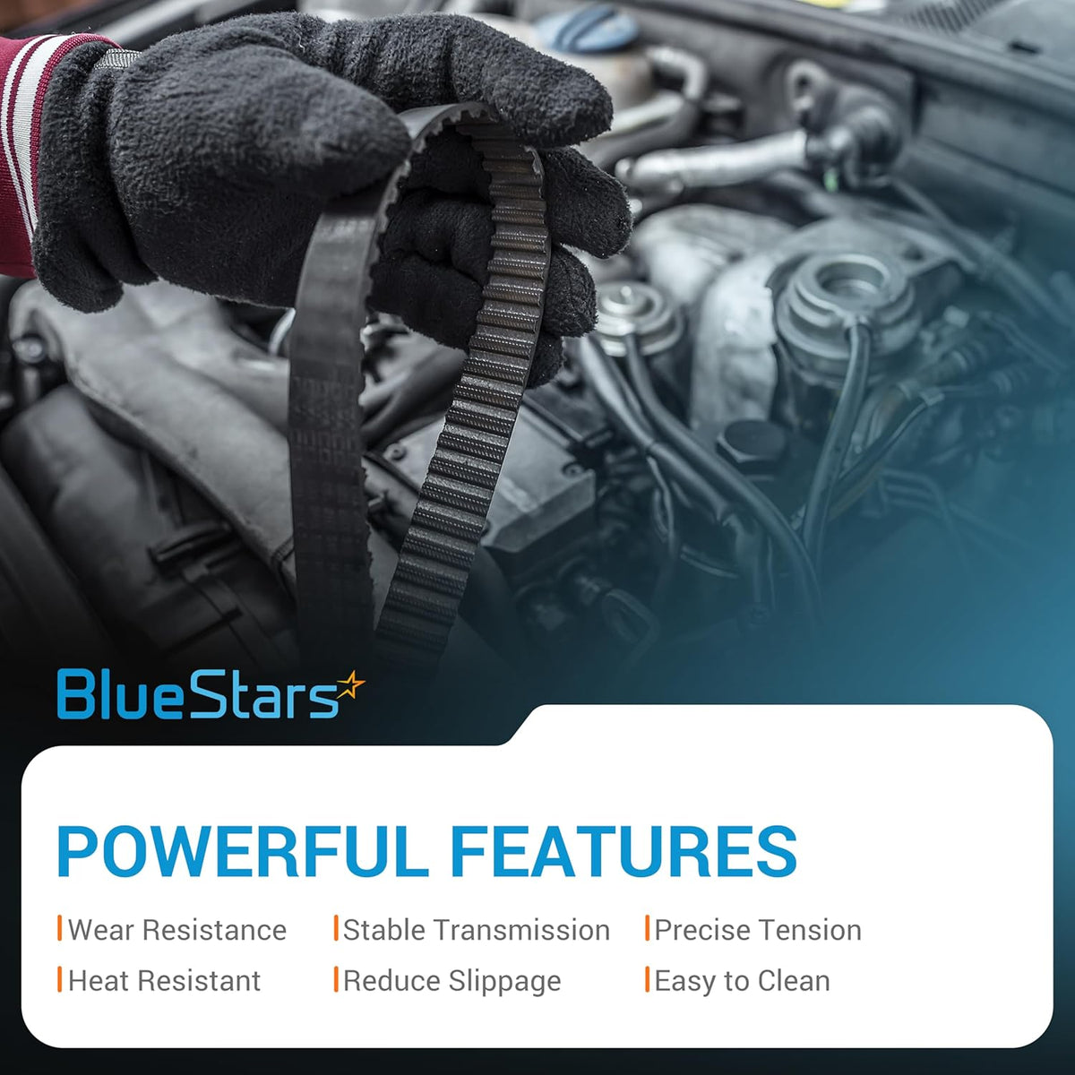 Gloved hand holding a ribbed drive belt for engine maintenance.