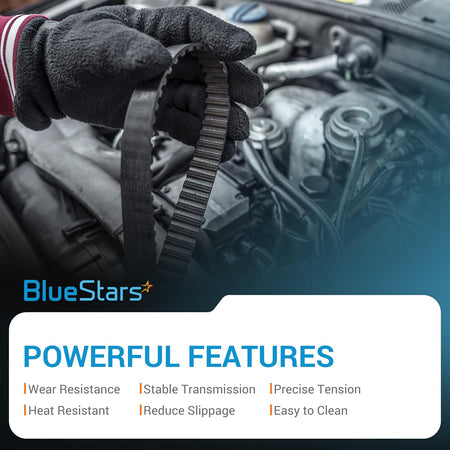 Gloved hand holding a ribbed drive belt for engine maintenance.