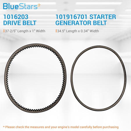 1016203 drive belt and 101916701 starter generator belt set with dimensions displayed on a white background.