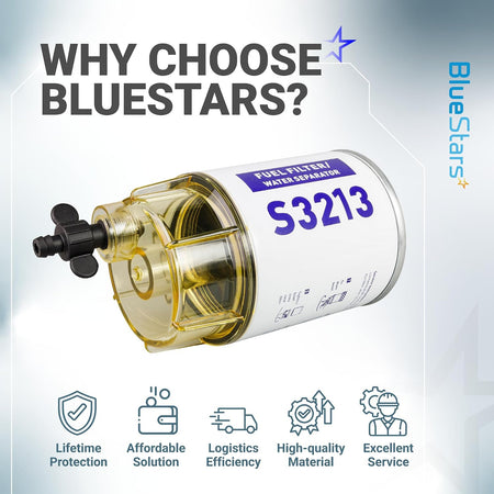 S3213 Fuel Water Separator Filter with Clear Bowl, 10-Micron shown in a BlueStars marketing graphic with feature icons