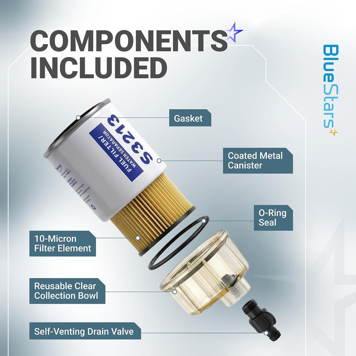 S3213 Fuel Water Separator Filter with Clear Bowl, 10-Micron exploded view showing included components