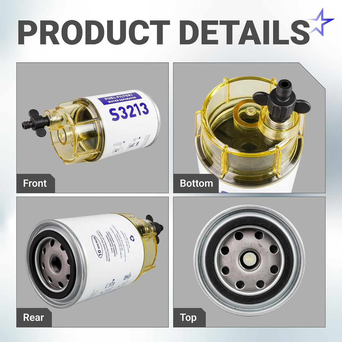 S3213 Fuel Water Separator Filter with Clear Bowl shown from front, bottom, rear, and top views