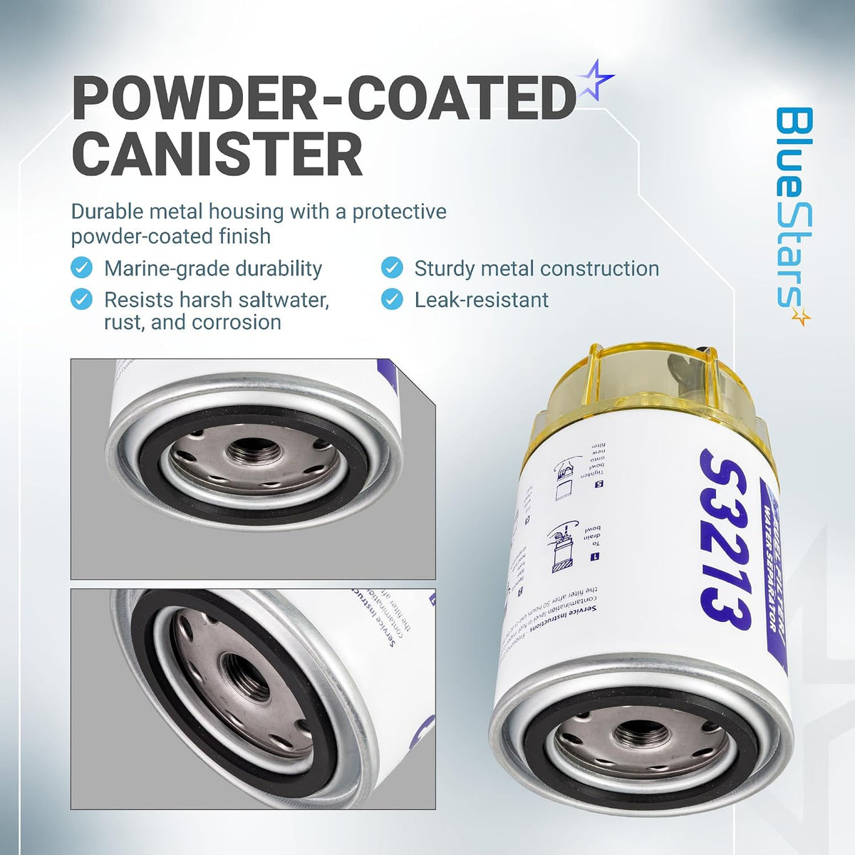 S3213 Fuel Water Separator Filter with Clear Bowl showing powder-coated canister and threaded filter base