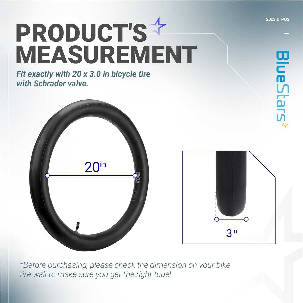 Infographic showing 20x3.0 inch bike inner tube measurements and Schrader valve compatibility.